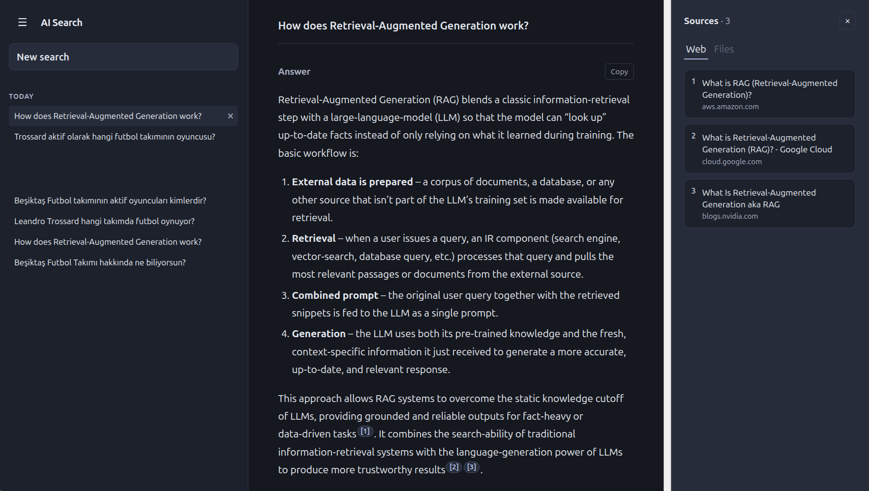 AI Search Engine workspace with answer and sources
